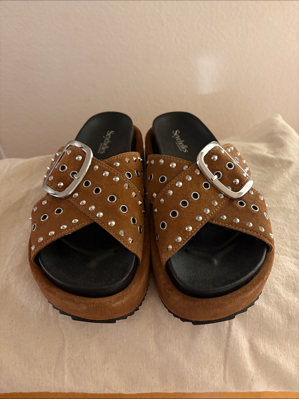 Seychelles Tan Suede Platform Slide Sandals with Silver Studs